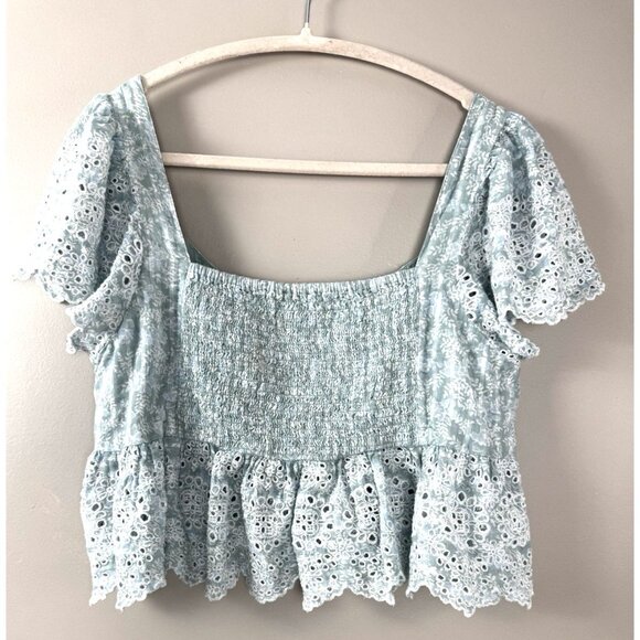 American Eagle L Babydoll Eyelet Lace Light Blue Dainty Floral Top Cottagecore - Picture 2 of 10